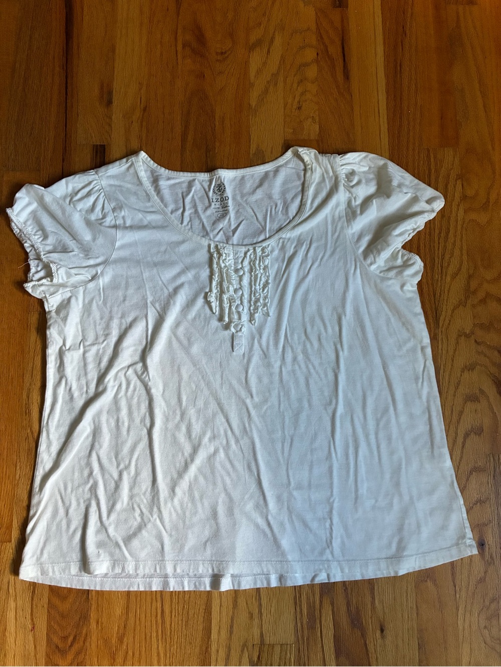 Izod White Ruffle-Front Short Sleeve Scoop Neck Top